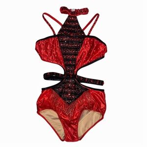 Glamour Costumes | Red and Black One Piece Dance Costume Cut Outs Fringe LA